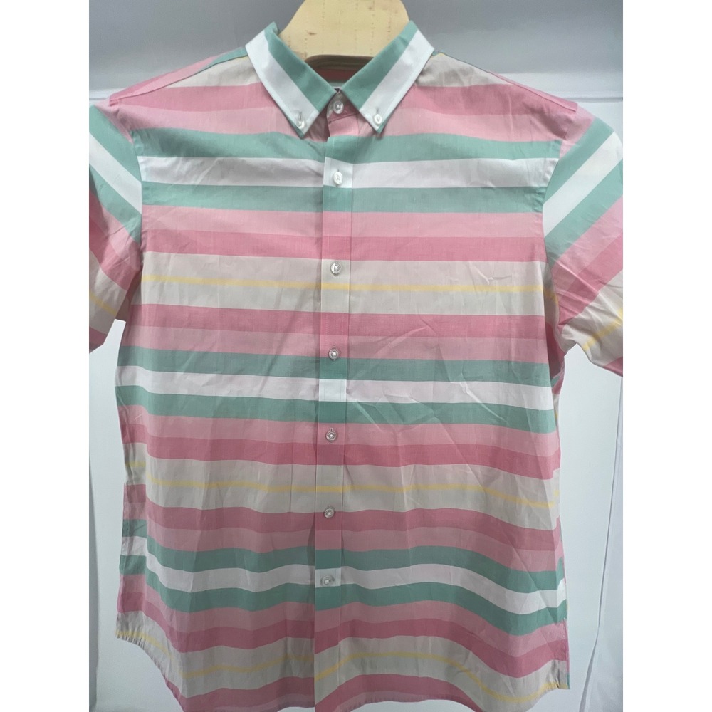 Club Room Men'sXL Striped Short Sleeve Button Down Shirt Pink Green Yellow White